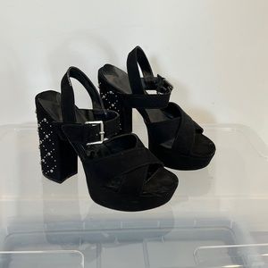 LEITH black suede studded open toed heels 7.5